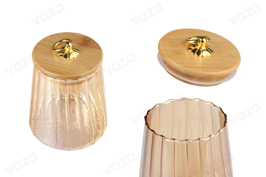 Glass jar 600 ml bronze with wooden cap, rubber and gold metal ring-εικόνα_προϊοντική