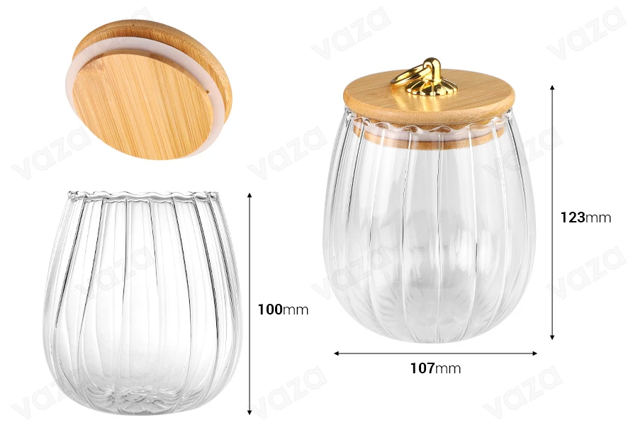 Βάζο γυάλινο 700 ml διάφανο, με ξύλινο καπάκι, λάστιχο και χρυσό μεταλλικό κρίκο-εικόνα_διαστάσεις