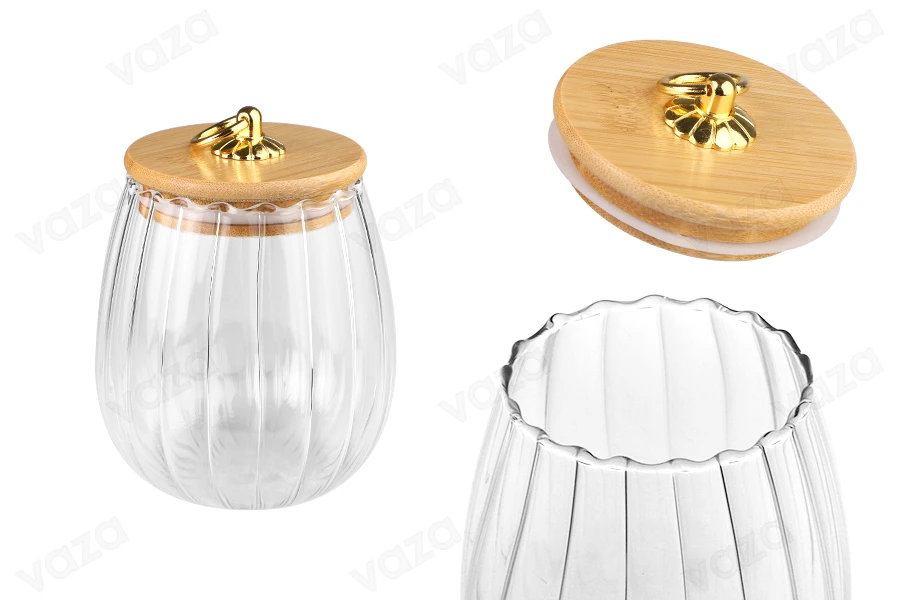 Βάζο γυάλινο 700 ml διάφανο, με ξύλινο καπάκι, λάστιχο και χρυσό μεταλλικό κρίκο-εικόνα_προϊοντική