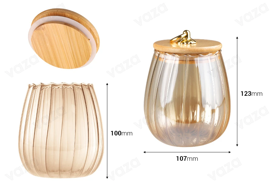 Glass jar 700 ml bronze with wooden cap, rubber and gold metal ring Glass jar 700 ml bronze with wooden cap, rubber and gold metal ring-photo_dimensions