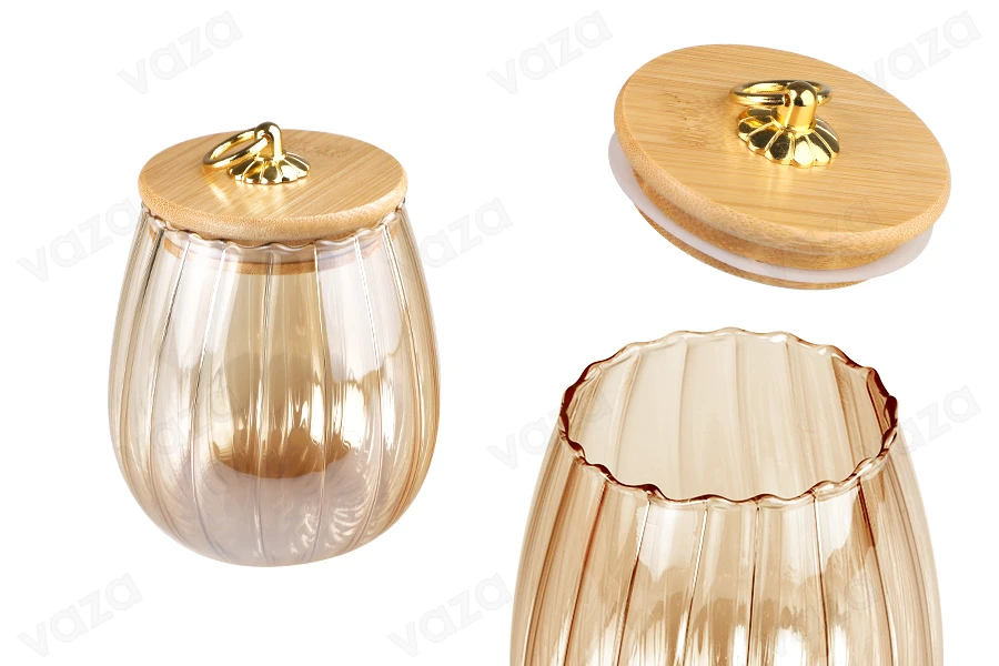 Glass jar 700 ml bronze with wooden cap, rubber and gold metal ring Glass jar 700 ml bronze with wooden cap, rubber and gold metal ring-photo_produit