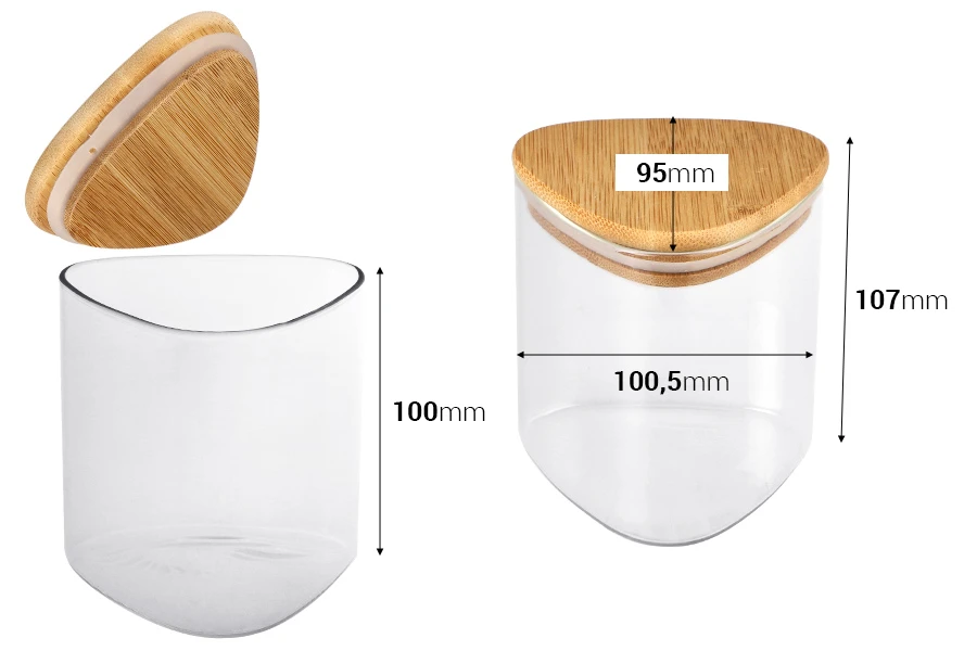 Γυάλινο τριγωνικό βάζο 550 ml με ξύλινο καπάκι και λάστιχο Γυάλινο τριγωνικό βάζο 550 ml με ξύλινο καπάκι και λάστιχο