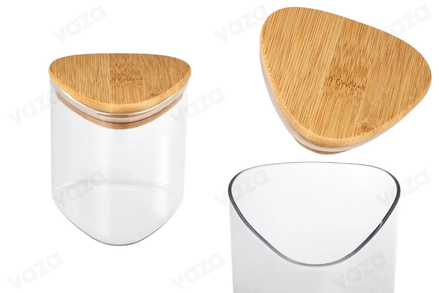 Γυάλινο τριγωνικό βάζο 550 ml με ξύλινο καπάκι και λάστιχο Γυάλινο τριγωνικό βάζο 550 ml με ξύλινο καπάκι και λάστιχο-εικόνα_προϊοντική