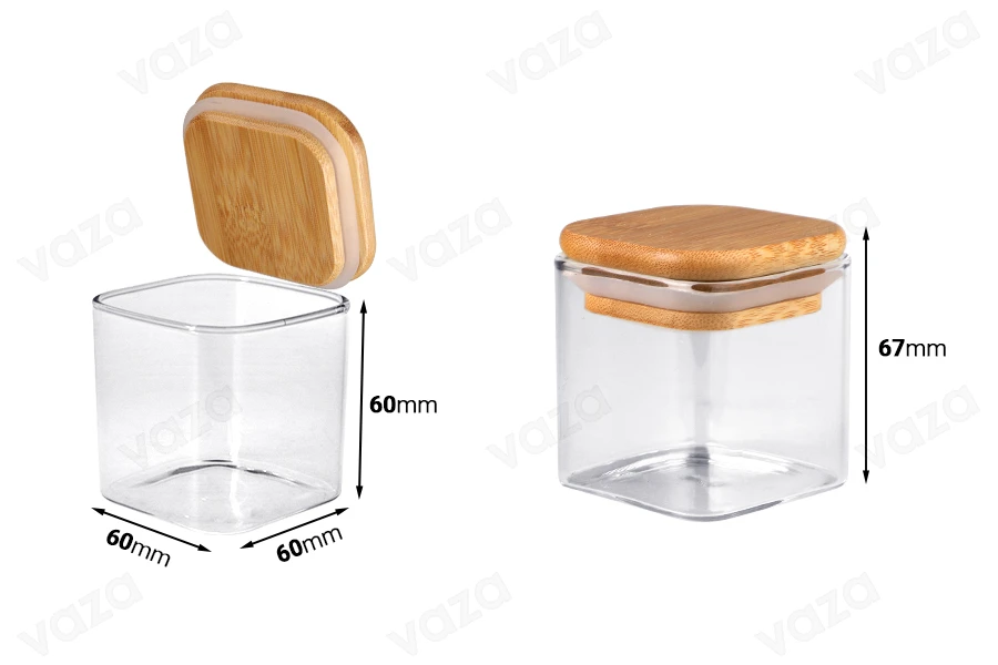 Γυάλινο τετράγωνο βάζο 150 ml με ξύλινο καπάκι και λάστιχο Γυάλινο τετράγωνο βάζο 150 ml με ξύλινο καπάκι και λάστιχο-εικόνα_διαστάσεις