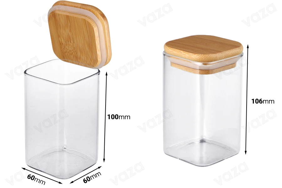 Γυάλινο τετράγωνο βάζο 250 ml με ξύλινο καπάκι και λάστιχο Γυάλινο τετράγωνο βάζο 250 ml με ξύλινο καπάκι και λάστιχο-εικόνα_διαστάσεις