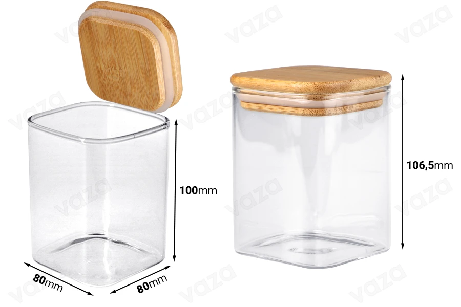 Γυάλινο τετράγωνο βάζο 450 ml με ξύλινο καπάκι και λάστιχο Γυάλινο τετράγωνο βάζο 450 ml με ξύλινο καπάκι και λάστιχο-εικόνα_διαστάσεις