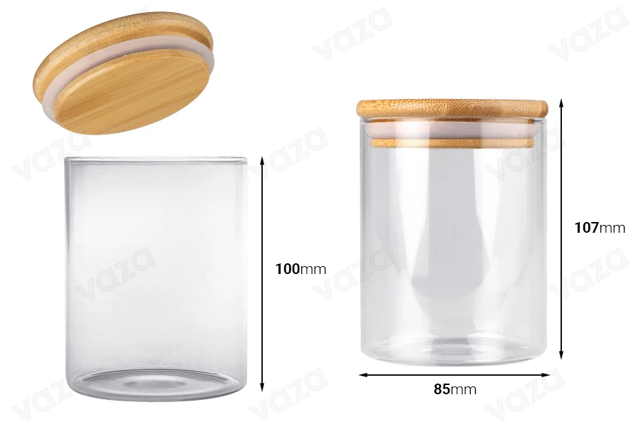 Γυάλινο βάζο 450 ml κυλινδρικό με ξύλινο καπάκι και λάστιχο-εικόνα_διαστάσεις