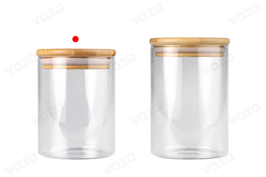 Γυάλινο βάζο 450 ml κυλινδρικό με ξύλινο καπάκι και λάστιχο-εικόνα_σύνθεση