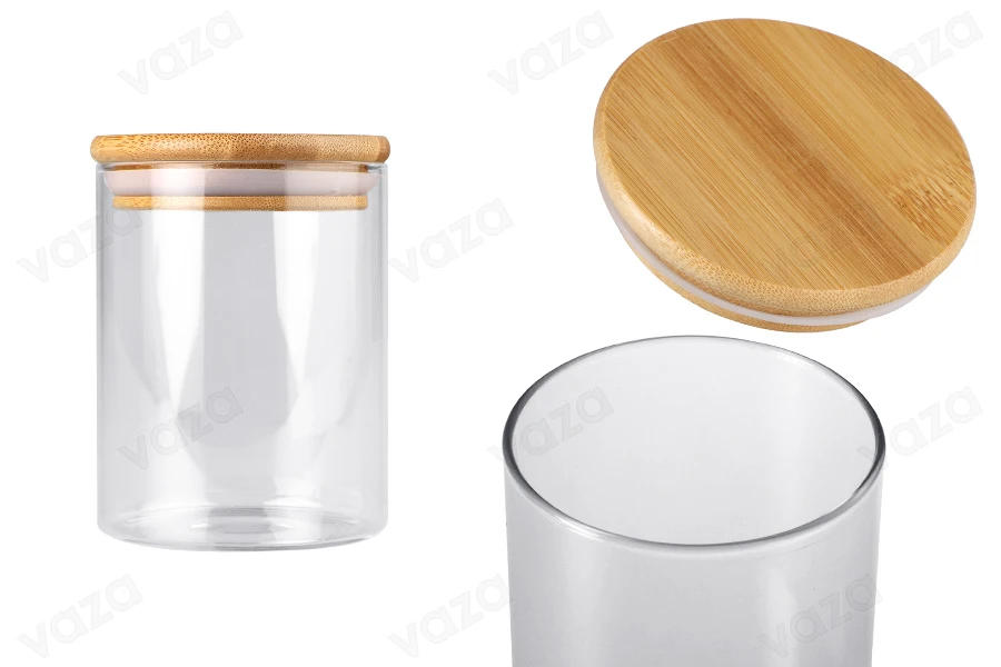 Γυάλινο βάζο 450 ml κυλινδρικό με ξύλινο καπάκι και λάστιχο-εικόνα_προϊοντική