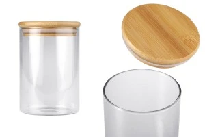 Γυάλινο βάζο 550 ml κυλινδρικό με ξύλινο καπάκι και λάστιχο-1