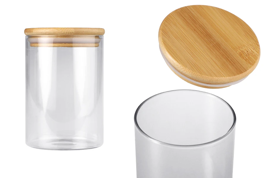 Glass jar 550 ml in cylindrical shape with wooden cap and rubber Glass jar 550 ml in cylindrical shape with wooden cap and rubber