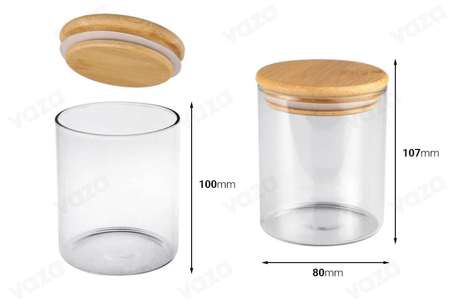 Glass jar 400 ml in cylindrical shape with wooden cap and rubber-image_dimensions