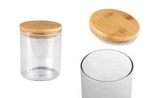 Γυάλινο βάζο 400 ml κυλινδρικό με ξύλινο καπάκι και λάστιχο-1