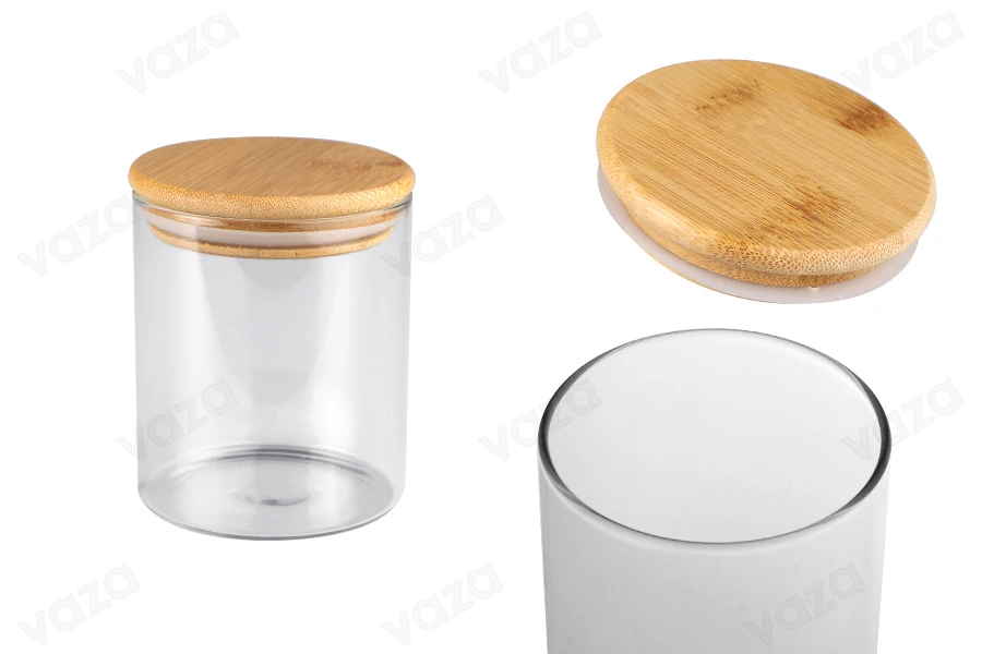 Glass jar 400 ml in cylindrical shape with wooden cap and rubber-image_product