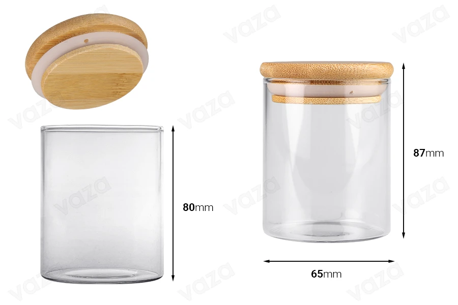 Glass jar 200 ml in cylindrical shape with wooden cap and rubber Glass jar 200 ml in cylindrical shape with wooden cap and rubber-image_dimensions