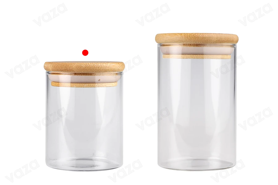 Glass jar 200 ml in cylindrical shape with wooden cap and rubber Glass jar 200 ml in cylindrical shape with wooden cap and rubber-image_group