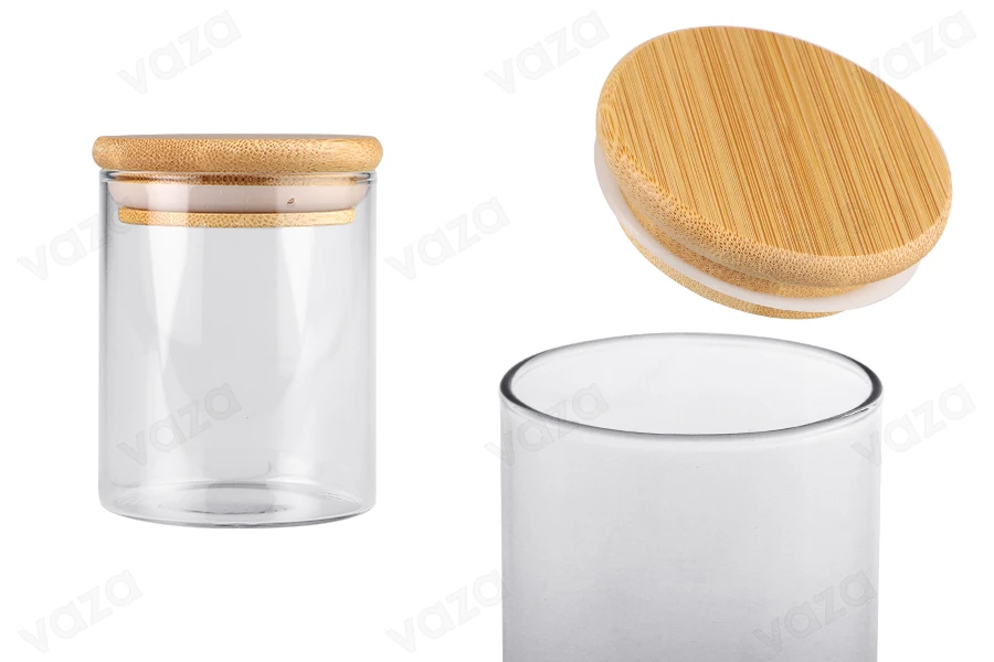 Glass jar 200 ml in cylindrical shape with wooden cap and rubber Glass jar 200 ml in cylindrical shape with wooden cap and rubber-image_product