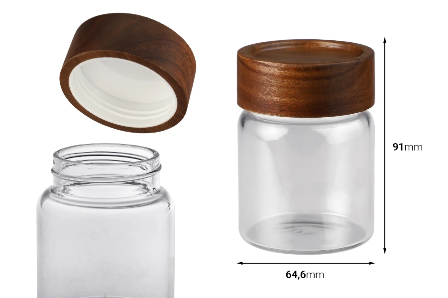 Βάζο γυάλινο 160 ml κυλινδρικό με ξύλινο καπάκι Βάζο γυάλινο 160 ml κυλινδρικό με ξύλινο καπάκι