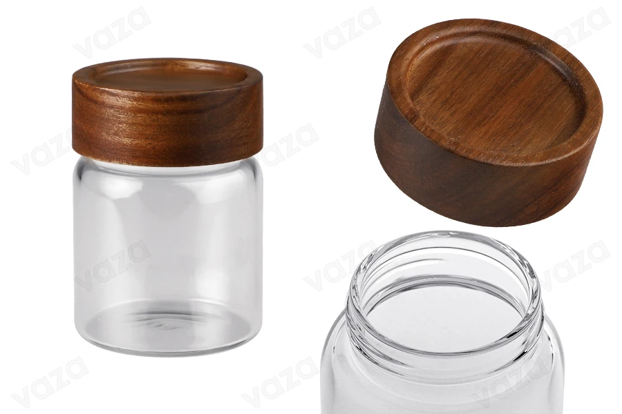 Βάζο γυάλινο 160 ml κυλινδρικό με ξύλινο καπάκι Βάζο γυάλινο 160 ml κυλινδρικό με ξύλινο καπάκι-εικόνα_προϊοντική