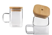 Glass jar 230 ml squared with wooden cap and hole for straw Glass jar 230 ml squared with wooden cap and hole for straw