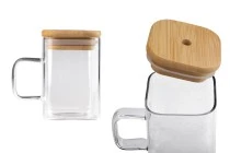 Glass jar 230 ml squared with wooden cap and hole for straw