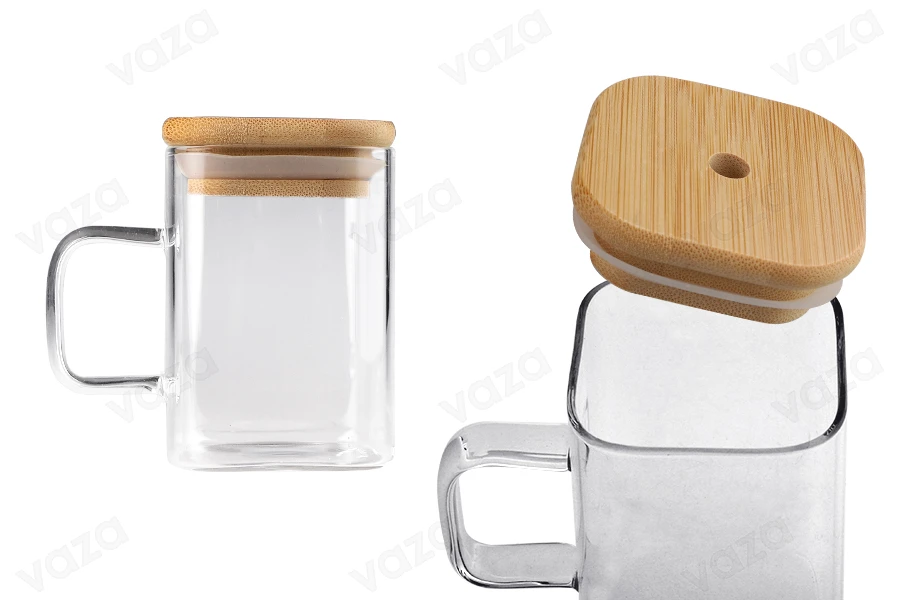 Βάζο με χερούλι 230 ml τετράγωνο με ξύλινο καπάκι και τρύπα για καλαμάκι Βάζο με χερούλι 230 ml τετράγωνο με ξύλινο καπάκι και τρύπα για καλαμάκι-εικόνα_προϊοντική