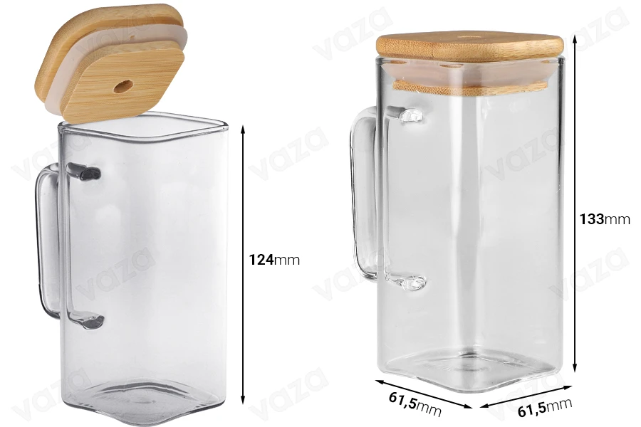 Βάζο με χερούλι 350 ml τετράγωνο με ξύλινο καπάκι και τρύπα για καλαμάκι Βάζο με χερούλι 350 ml τετράγωνο με ξύλινο καπάκι και τρύπα για καλαμάκι-εικόνα_διαστάσεις