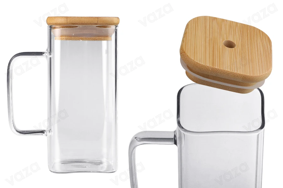 Βάζο με χερούλι 350 ml τετράγωνο με ξύλινο καπάκι και τρύπα για καλαμάκι Βάζο με χερούλι 350 ml τετράγωνο με ξύλινο καπάκι και τρύπα για καλαμάκι-εικόνα_προϊοντική