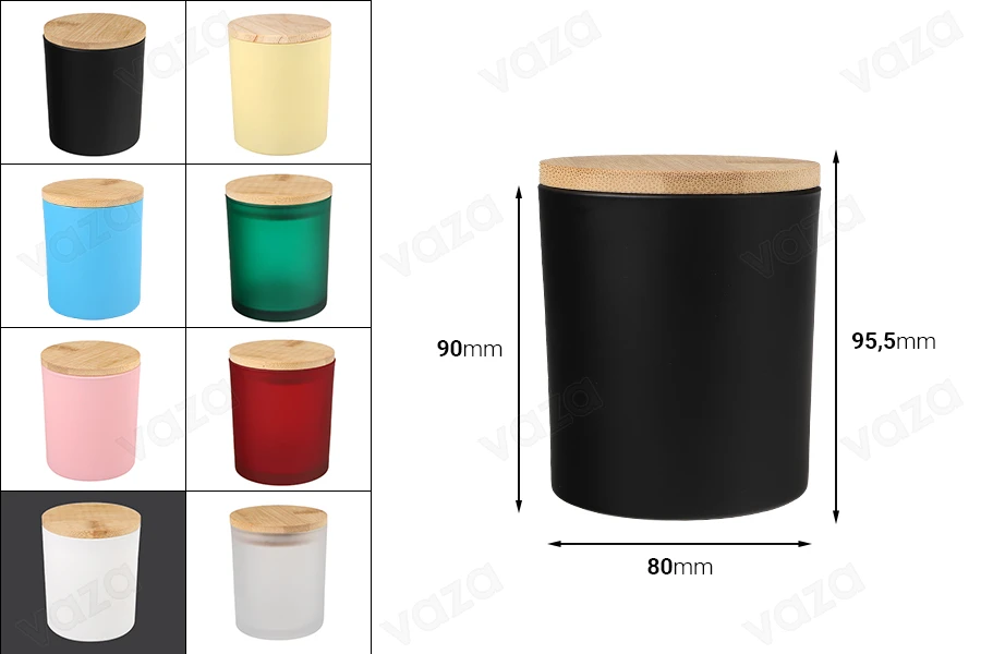 Βάζο γυάλινο 300 ml με ξύλινο καπάκι και λάστιχο σε διάφορα χρώματα-εικόνα_διαστάσεις