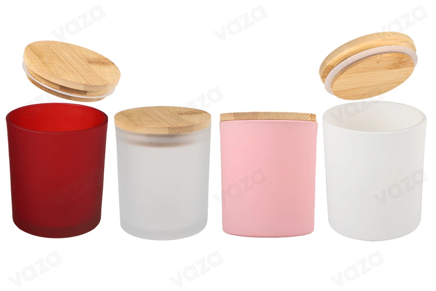 Βάζο γυάλινο 300 ml με ξύλινο καπάκι και λάστιχο σε διάφορα χρώματα-εικόνα_σύνθεση