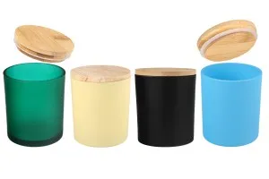 Glass jar 300 ml with wooden cap and rubber in different colors-1