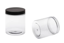 Transparent 500ml plastic jar for bath soaks with black cap in size 83x100 mm Transparent 500ml plastic jar for bath soaks with black cap in size 83x100 mm