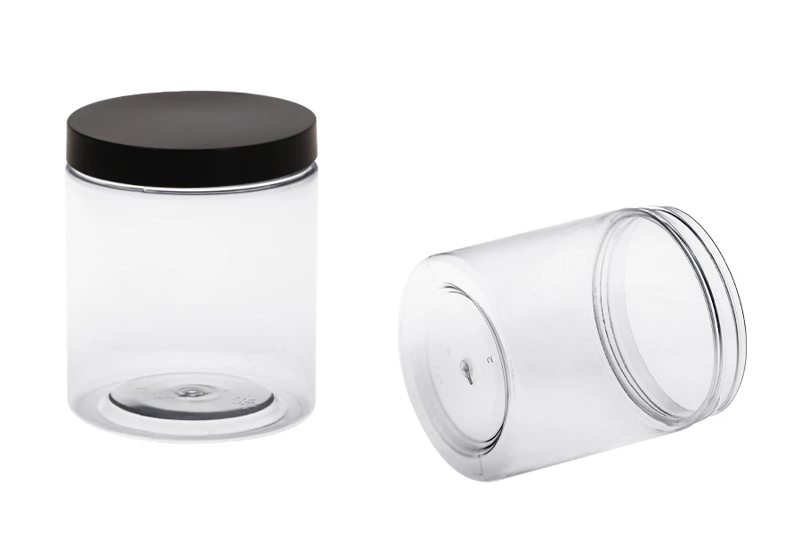 Transparent 500ml plastic jar for bath soaks with black cap in size 83x100 mm Transparent 500ml plastic jar for bath soaks with black cap in size 83x100 mm