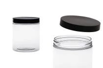 Transparent 500ml plastic jar for bath soaks with black cap in size 83x100 mm Transparent 500ml plastic jar for bath soaks with black cap in size 83x100 mm