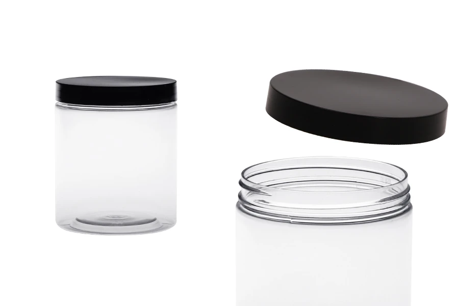 Transparent 500ml plastic jar for bath soaks with black cap in size 83x100 mm Transparent 500ml plastic jar for bath soaks with black cap in size 83x100 mm