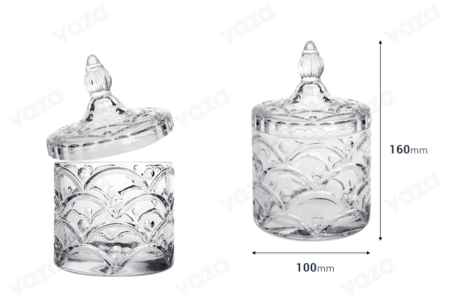 Glass beacon with embossed patterns and lid 160x100 mm Glass beacon with embossed patterns and lid 160x100 mm-image_dimensions