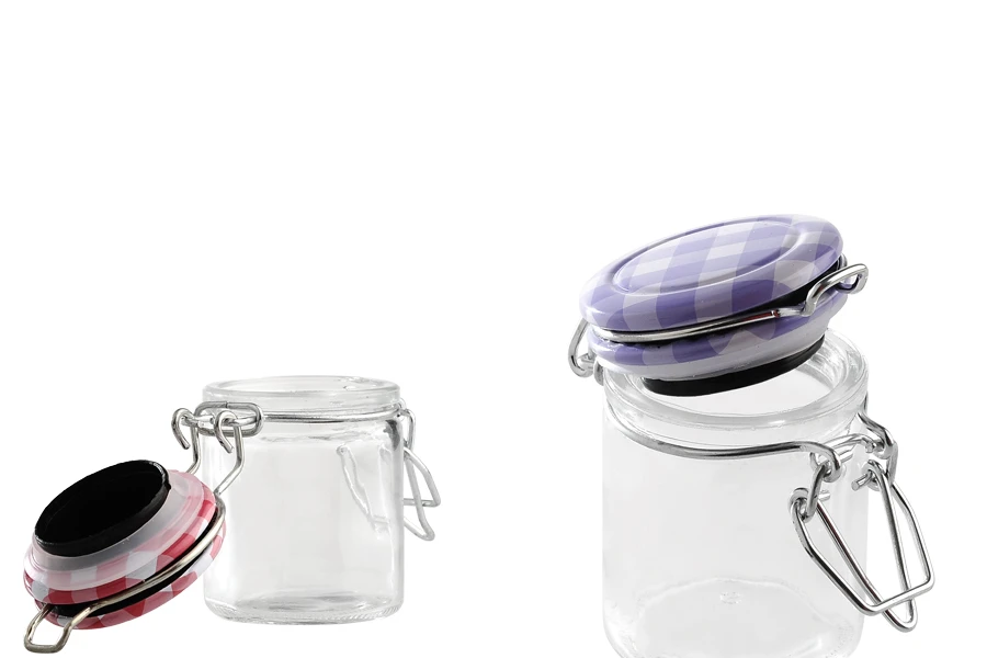 Pot de verre rond de 40ml 65 x 45 mm avec fermeture hermétique (fil de fer et caoutchouc sur le couvercle)