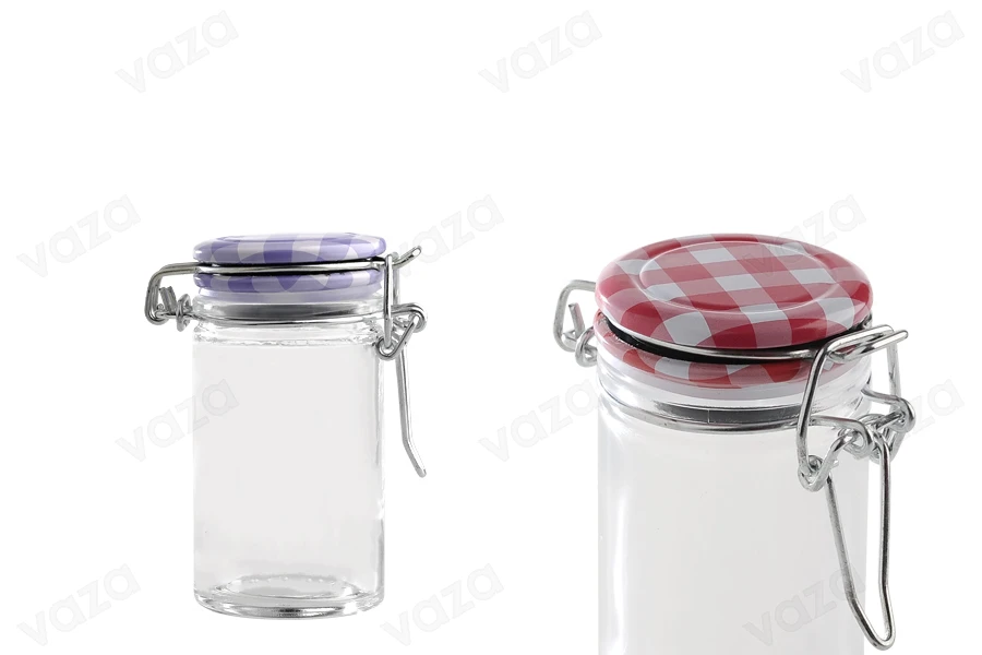 Pot de verre rond de 60ml 85 x 45 mm avec fermeture hermétique (fil de fer et caoutchouc sur le couvercle)-photo_produit