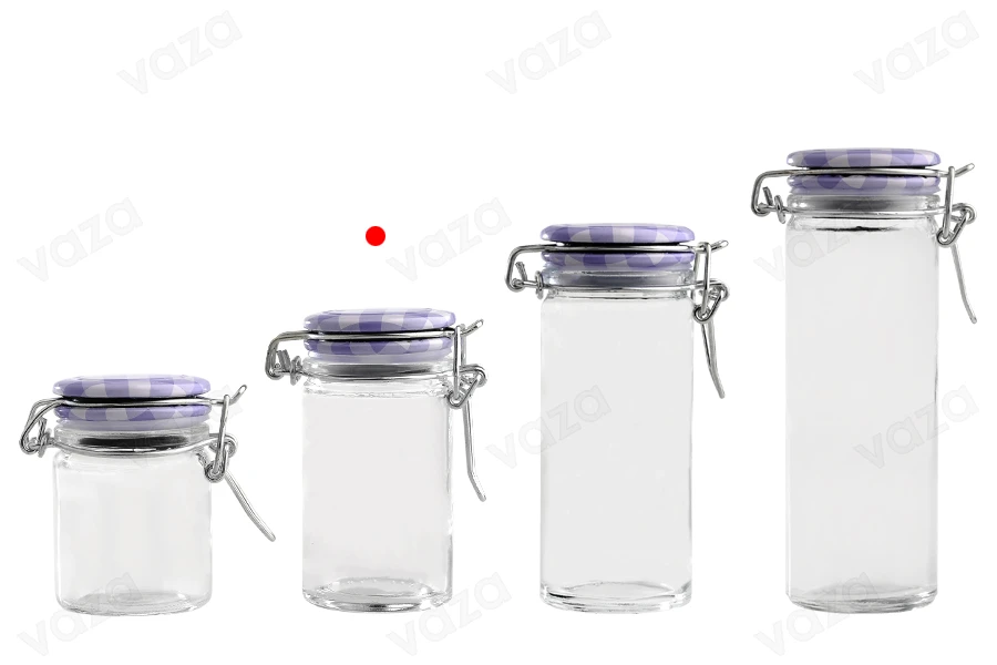 Pot de verre rond de 60ml 85 x 45 mm avec fermeture hermétique (fil de fer et caoutchouc sur le couvercle)-photo_groupe