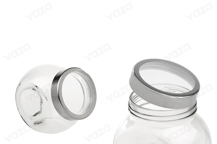 Pot en verre de 600 ml avec deux fonds et couvercle en plastique argenté-photo_produit