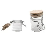 Βάζο 40 ml γυάλινο στρογγυλό 64x45 mm με ξύλινο καπάκι και αεροστεγές κλείσιμο (σύρμα και λάστιχο στο καπάκι)
