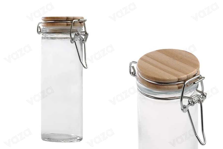 Pot en verre rond de 120ml 130 x 45 mm avec couvercle en bois et fermeture hermétique (fil de fer et caoutchouc sur le couvercle)-photo_produit