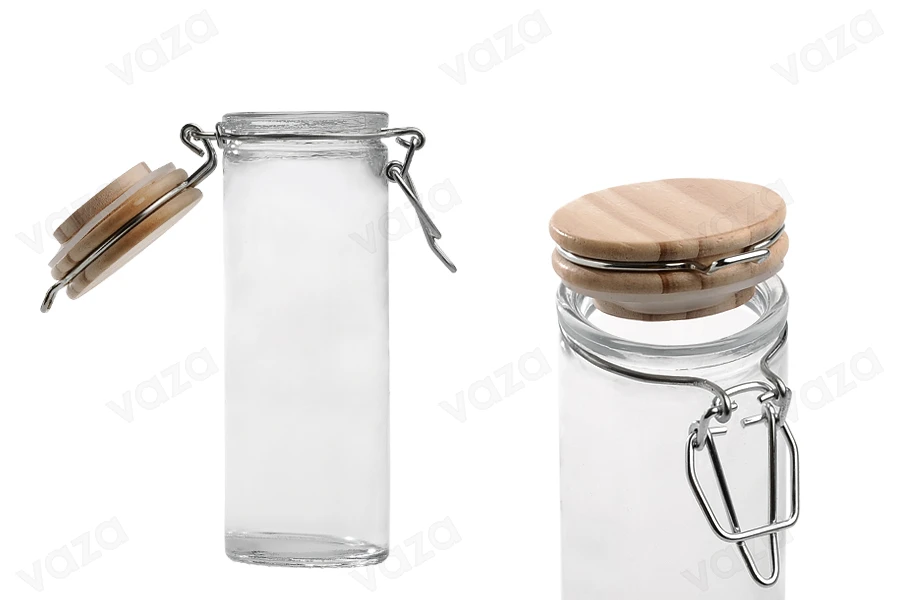 Pot en verre rond de 120ml 130 x 45 mm avec couvercle en bois et fermeture hermétique (fil de fer et caoutchouc sur le couvercle)-photo_dimensions