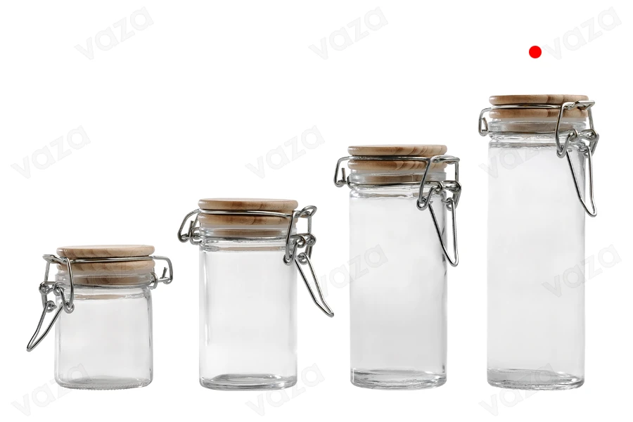 Pot en verre rond de 120ml 130 x 45 mm avec couvercle en bois et fermeture hermétique (fil de fer et caoutchouc sur le couvercle)-photo_groupe