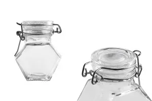 Petit pot polygonal en verre de 100ml avec fermeture hermétique (fil de fer et caoutchouc sur le bouchon)-1