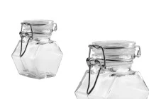 Βαζάκι 100 ml γυάλινο, πολύγωνο με αεροστεγές κλείσιμο (σύρμα και λάστιχο στο καπάκι)