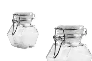 Petit pot polygonal en verre de 100ml avec fermeture hermétique (fil de fer et caoutchouc sur le bouchon)-2