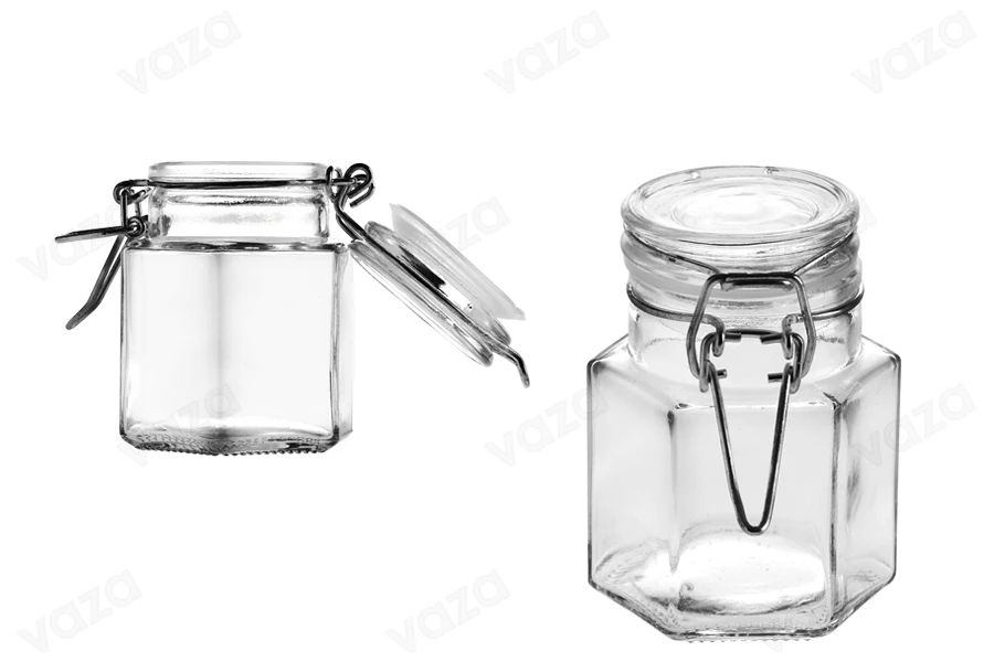 Βάζο 100 ml γυάλινο εξάγωνο 53x80 mm με αεροστεγές κλείσιμο (σύρμα και λάστιχο στο καπάκι)-εικόνα_προϊοντική