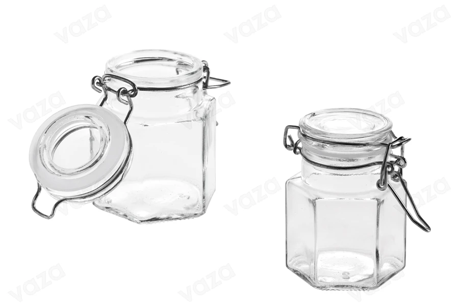 Βάζο 100 ml γυάλινο εξάγωνο 53x80 mm με αεροστεγές κλείσιμο (σύρμα και λάστιχο στο καπάκι)-εικόνα_σύνθεση