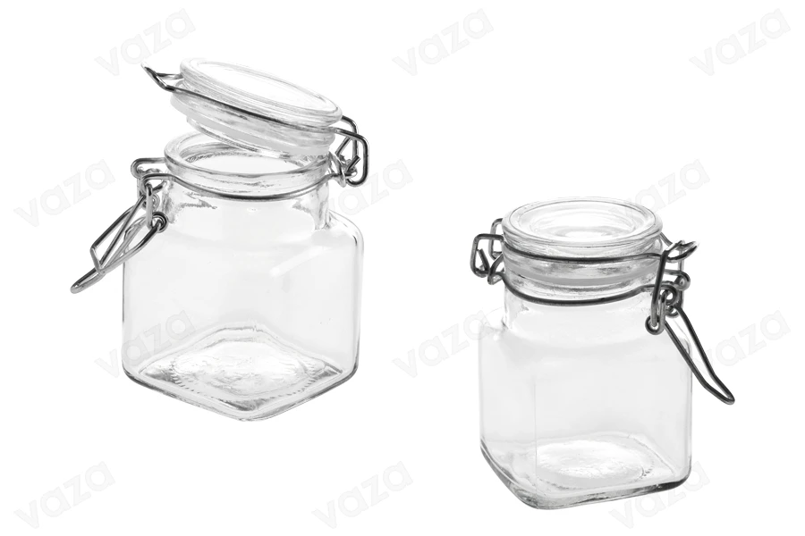 Βάζο 100 ml γυάλινο τετράγωνο 54x76 mm με αεροστεγές κλείσιμο (σύρμα και λάστιχο στο καπάκι)-εικόνα_προϊοντική